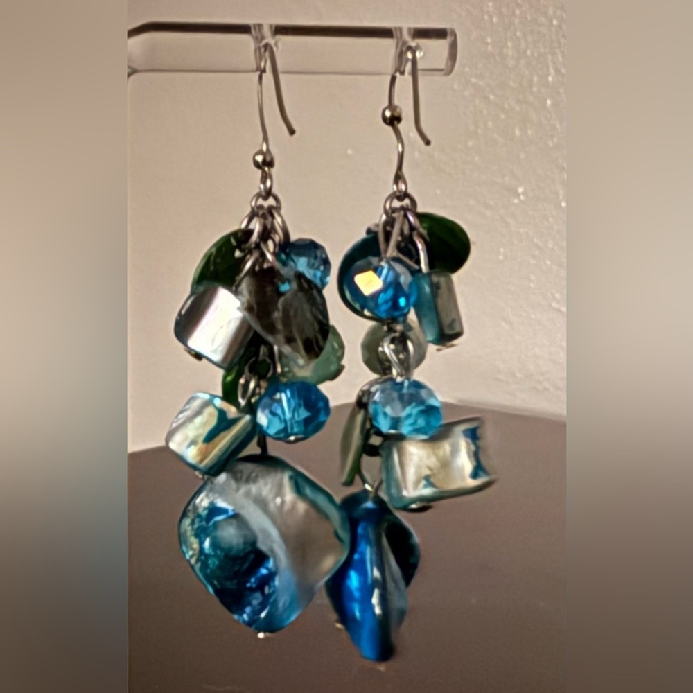 Colorful Teal Abalone & Sea Glass Dangle Earrings | Ocean-Inspired Statement - Picture 4 of 7